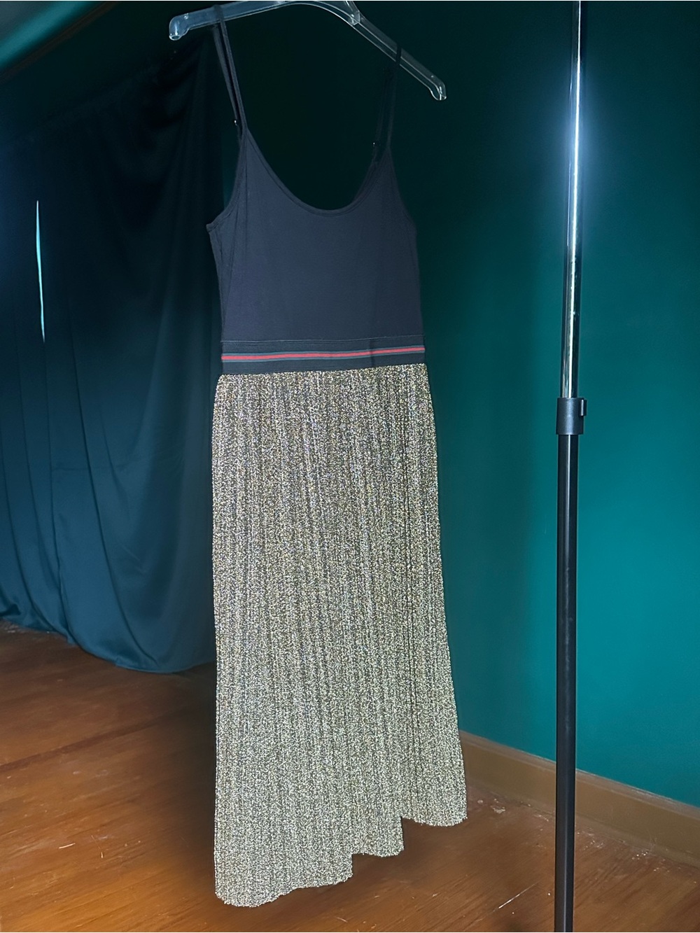 june & hudson Black Tank with Gold Metallic Pleated Maxi Skirt